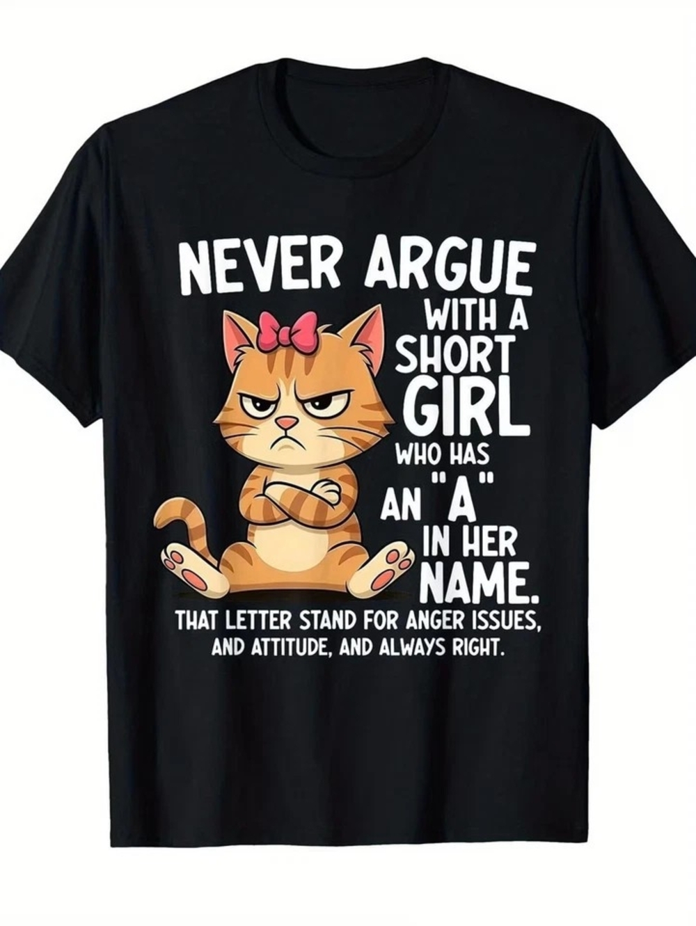 Gildan Black Tee with Orange Cat and Pink Bow Graphic